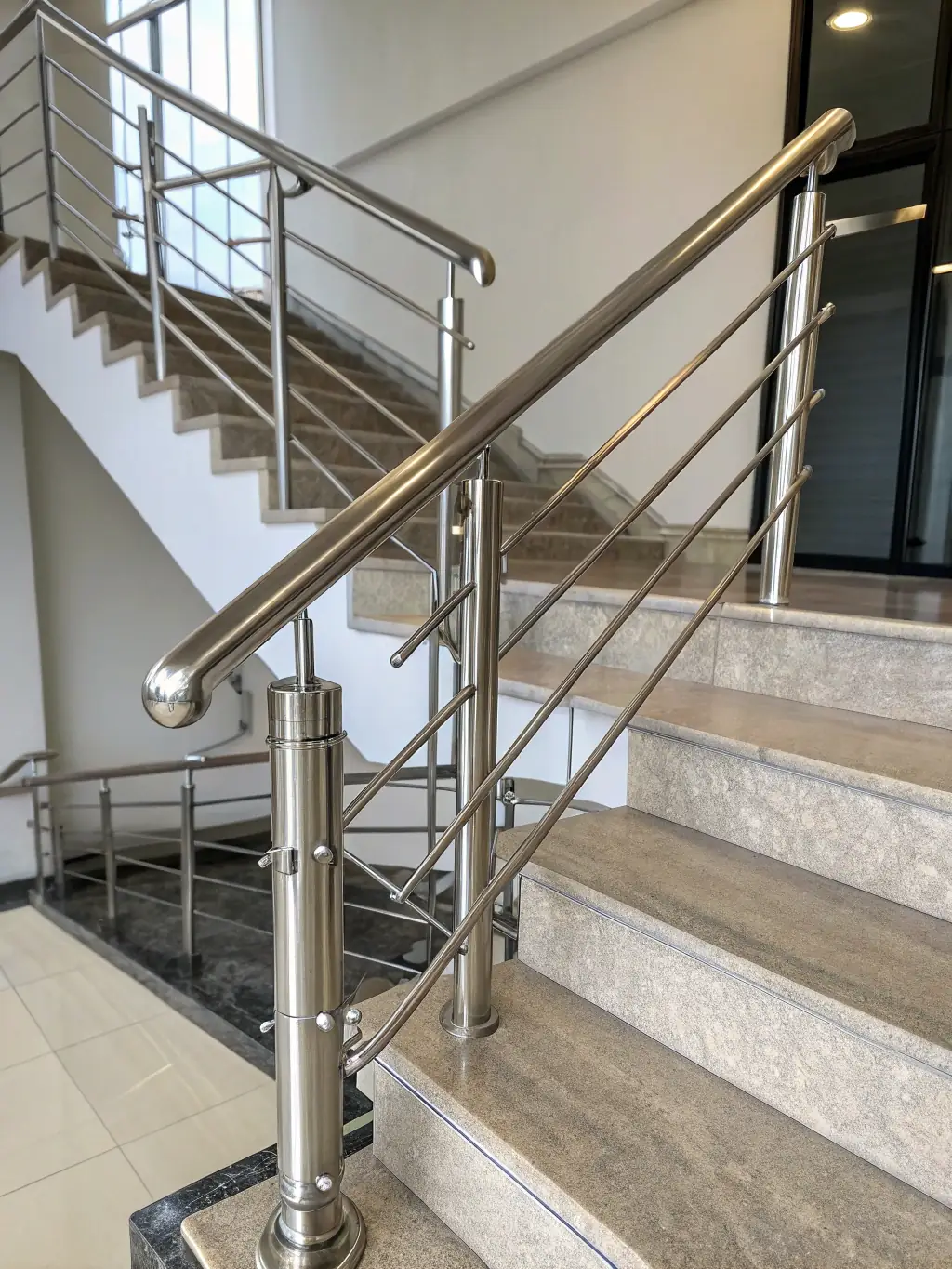 A modern metal staircase with stainless steel railings and wooden steps, showcasing the craftsmanship and design expertise of Montajes Construmet.