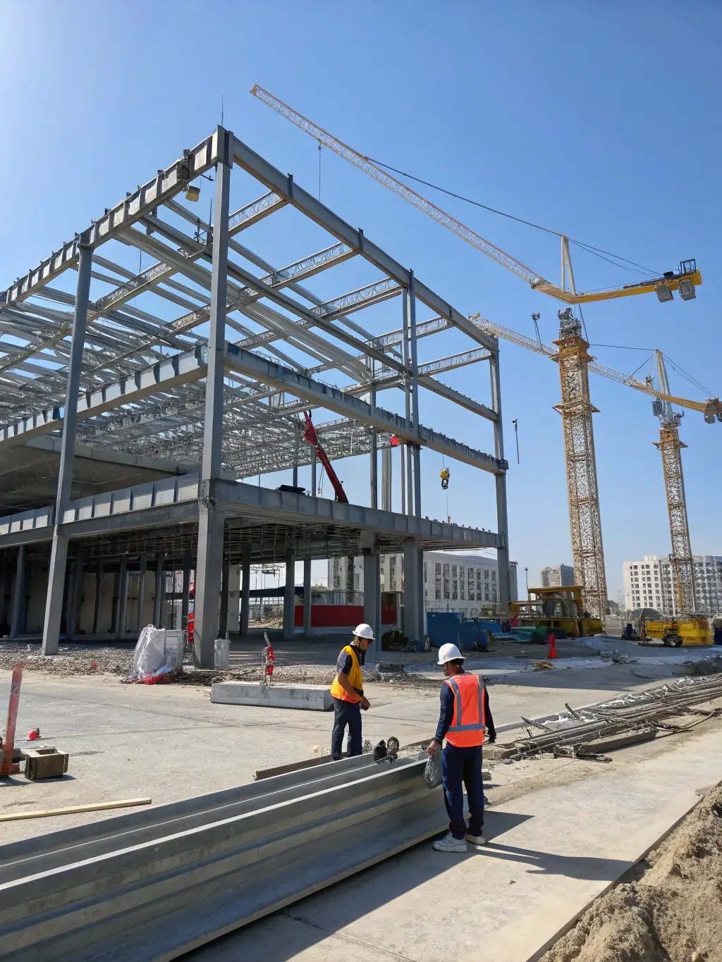 A sleek, modern metal framework of a building under construction, showcasing the strength and craftsmanship of Montajes Construmet's structures.