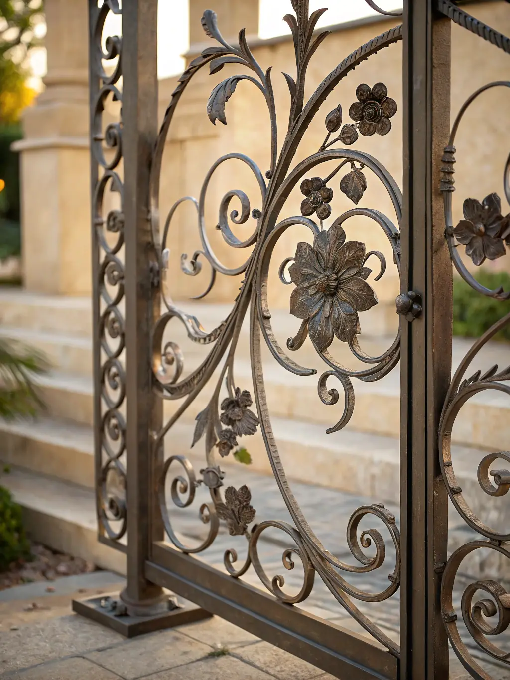 A custom-designed metal gate with intricate patterns, demonstrating the artistic capabilities and bespoke solutions offered by Montajes Construmet.