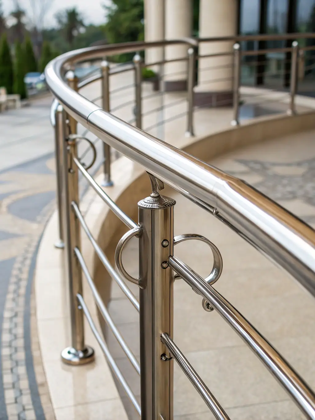 A close-up of a custom-designed metal railing with intricate detailing, highlighting the artistic craftsmanship and attention to detail in our metal furniture and finishes.