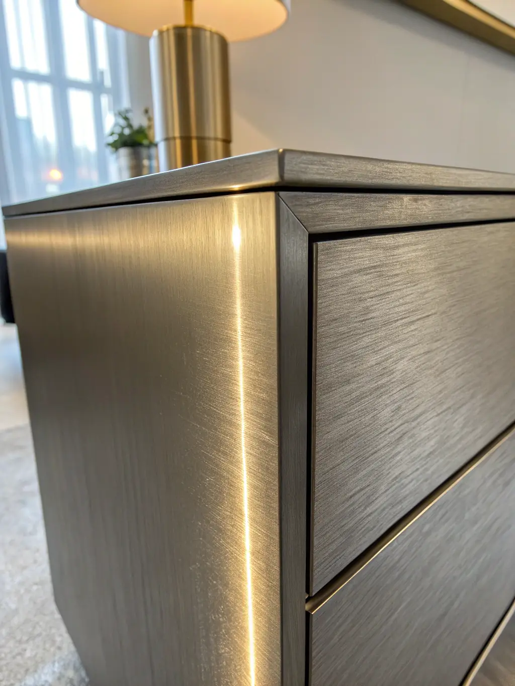 A set of sleek, minimalist metal furniture, including a coffee table and chairs, made of brushed aluminum, demonstrating the modern furniture capabilities of Montajes Construmet.