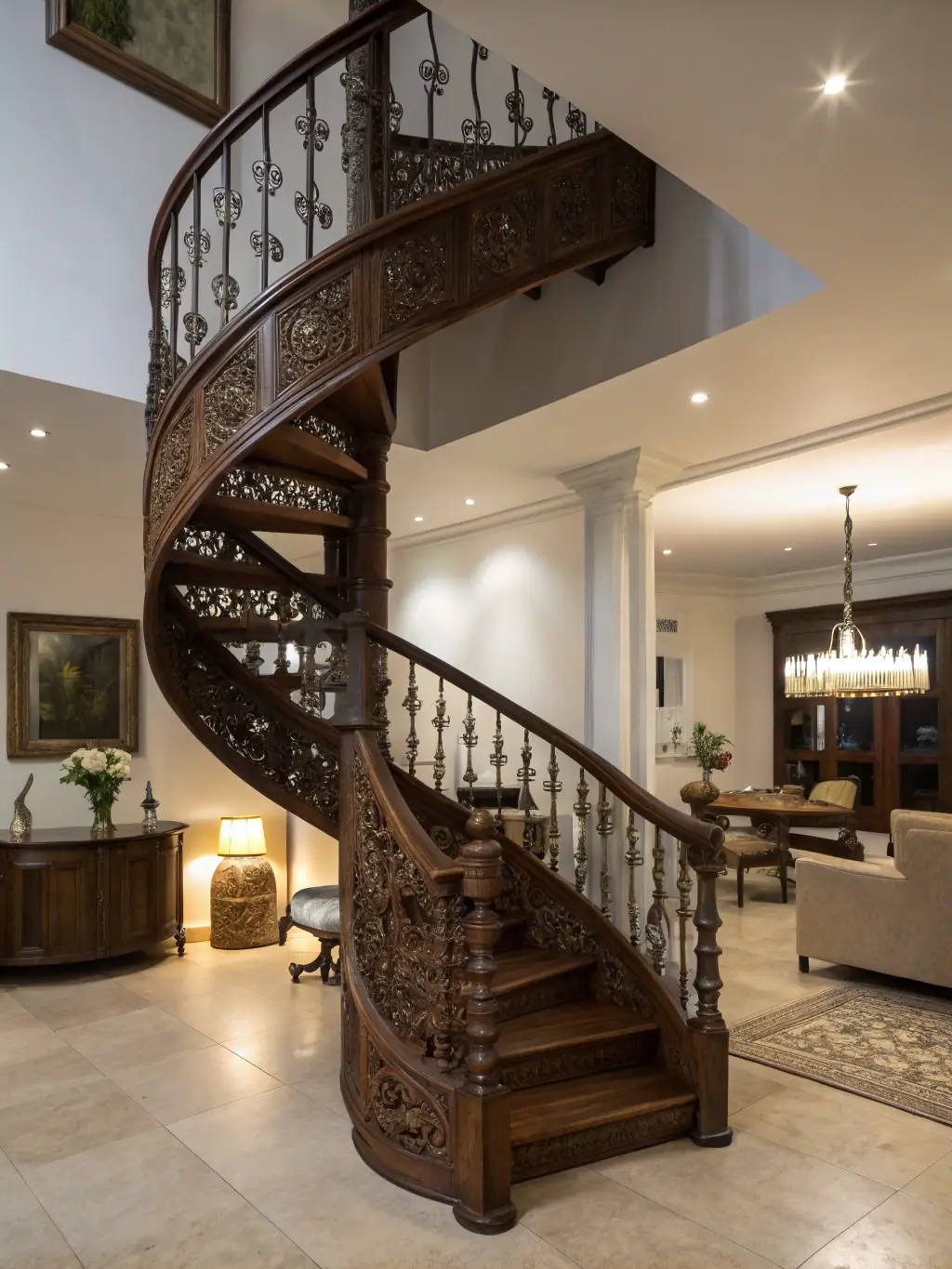 A modern metal staircase with glass balustrades and custom metal furniture in a contemporary interior, highlighting the blend of functionality and design.