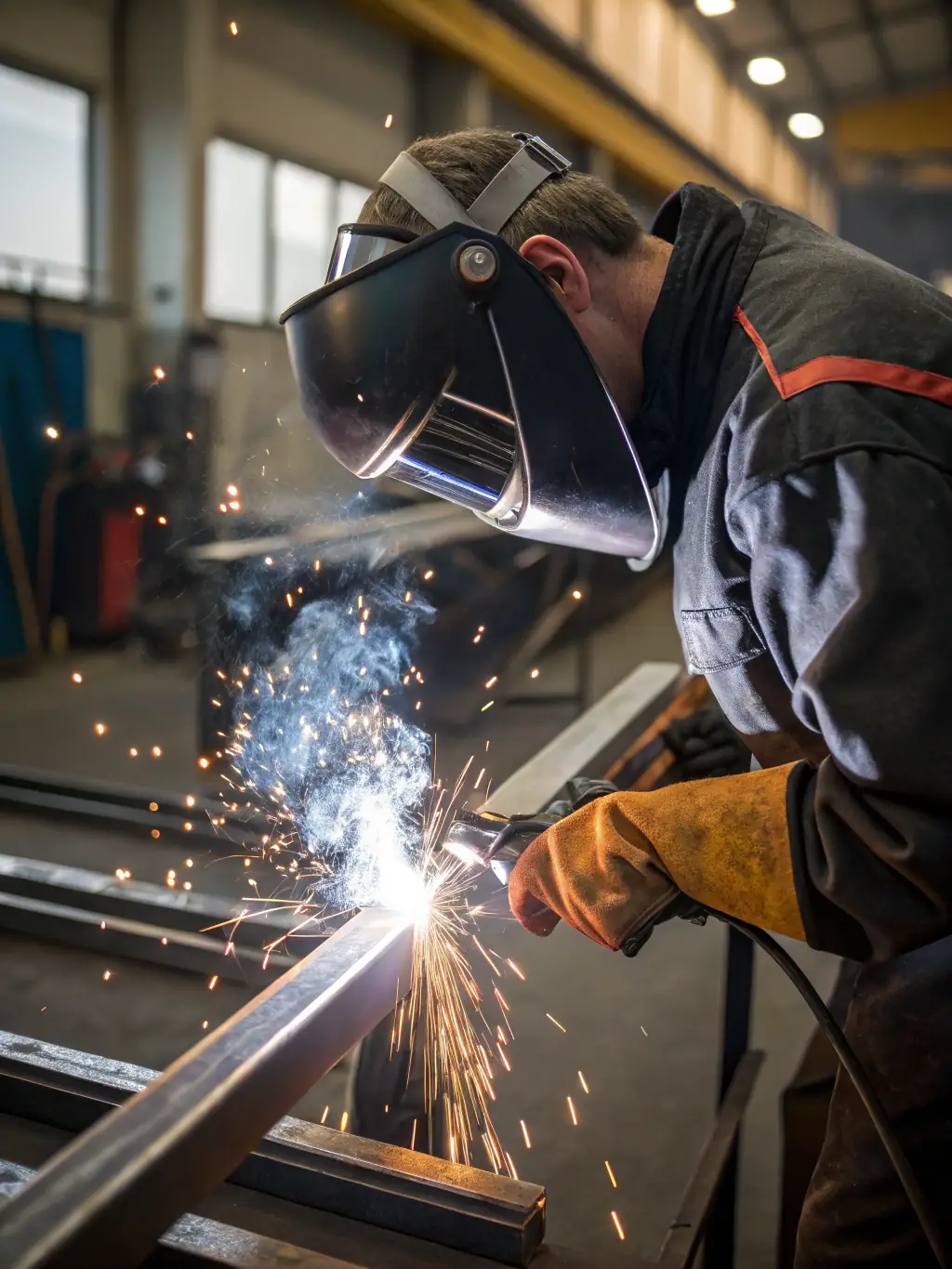 A close-up shot of a craftsman welding a metal joint with precision, showcasing the attention to detail in Montajes Construmet's work.
